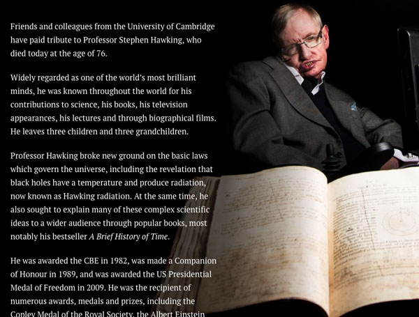 Background Scrollmation section from Professor Stephen Hawking, by the University of Cambridge
