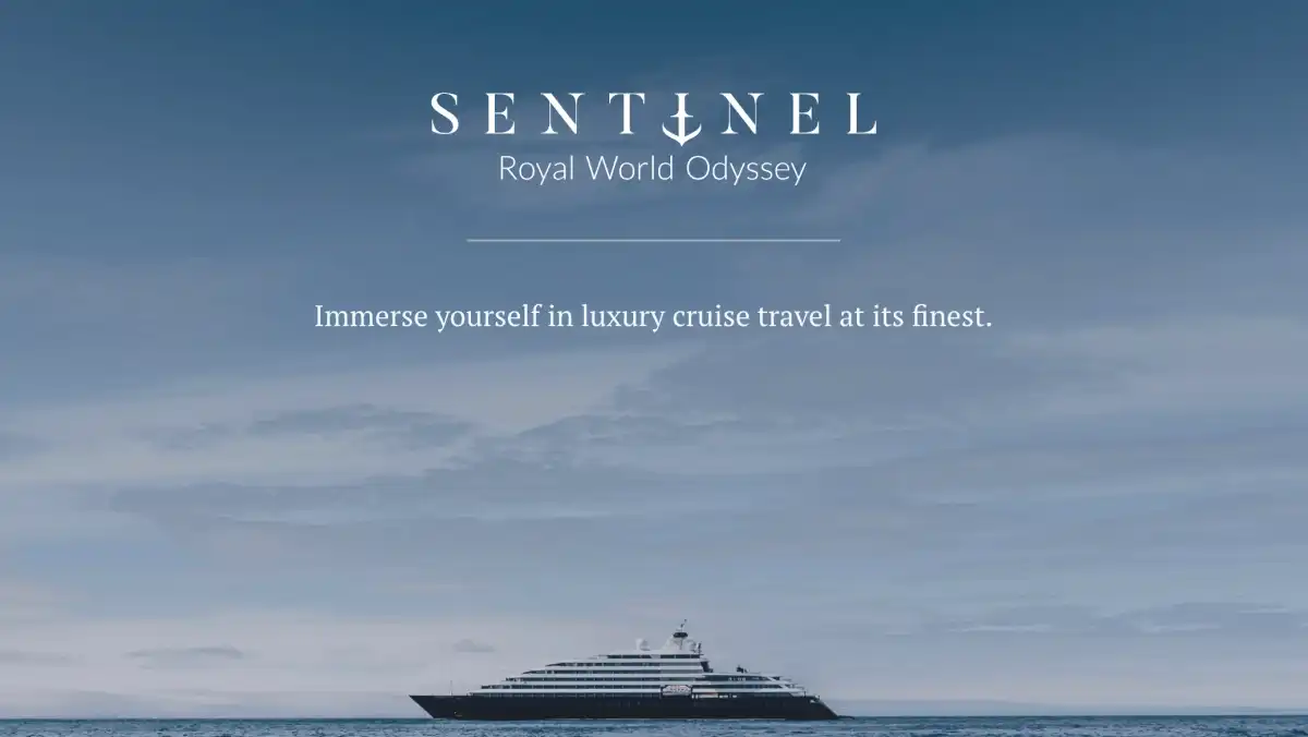 A cruise ship sailing on the seas beneath headline Sentinel Royal World Odyssey.